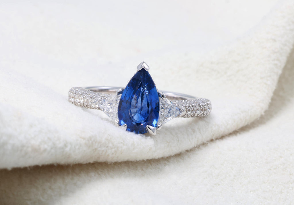 Pear Sapphire Ring with Trillion Diamonds, 1.97 ct, 18K White Gold