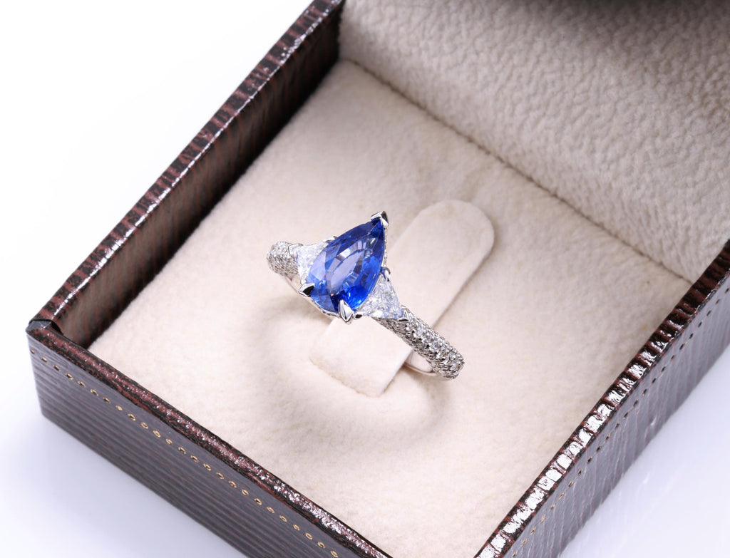 Pear Sapphire Ring with Trillion Diamonds, 1.97 ct, 18K White Gold