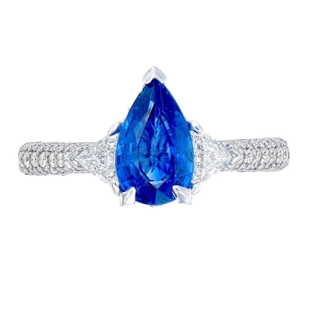 Pear or Oval Blue Sapphire Diamond Ring, 18K White Gold