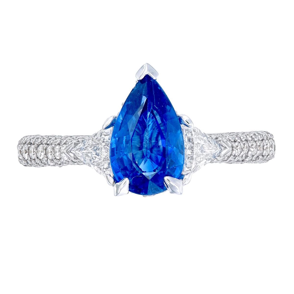 Pear or Oval Blue Sapphire Diamond Ring, 18K White Gold