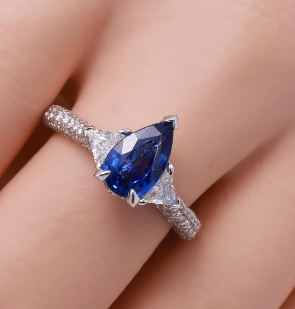 Pear or Oval Blue Sapphire Diamond Ring, 18K White Gold