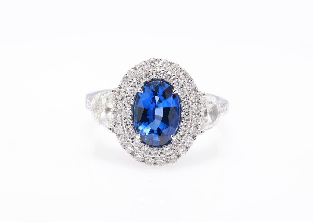 Pear or Oval Blue Sapphire Diamond Ring, 18K White Gold