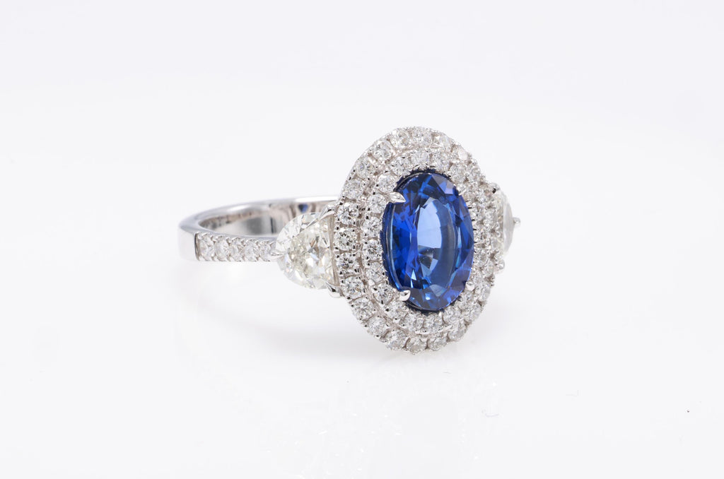 Pear or Oval Blue Sapphire Diamond Ring, 18K White Gold