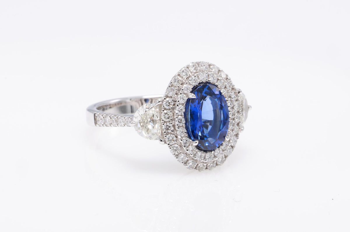 Pear or Oval Blue Sapphire Diamond Ring, 18K White Gold