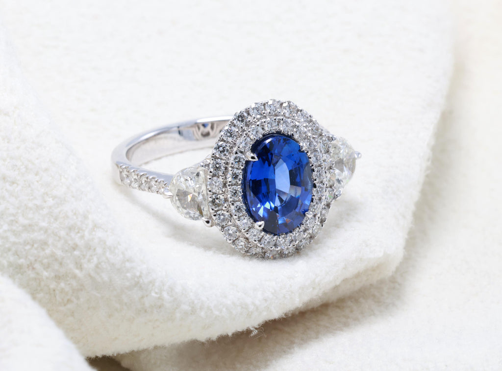 Pear or Oval Blue Sapphire Diamond Ring, 18K White Gold