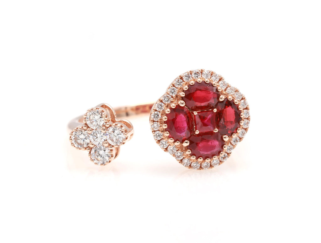 Ruby Clover Toi et Moi Ring with Diamonds, 18K Rose Gold