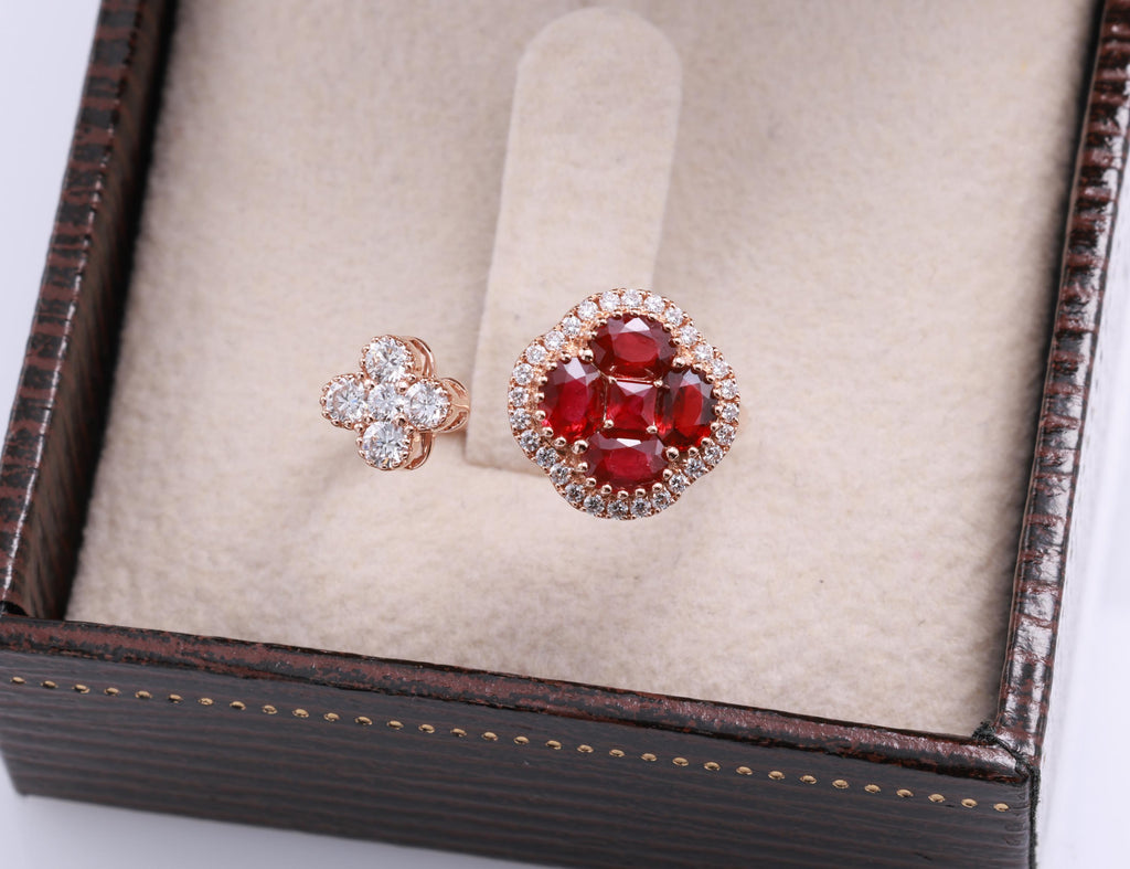 Ruby Clover Toi et Moi Ring with Diamonds, 18K Rose Gold