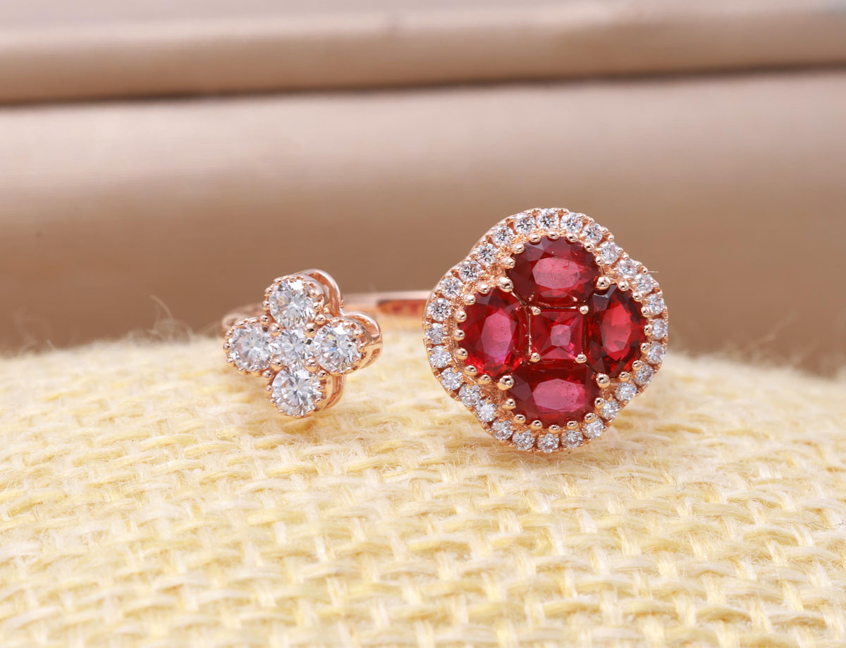 Ruby Clover Toi et Moi Ring with Diamonds, 18K Rose Gold