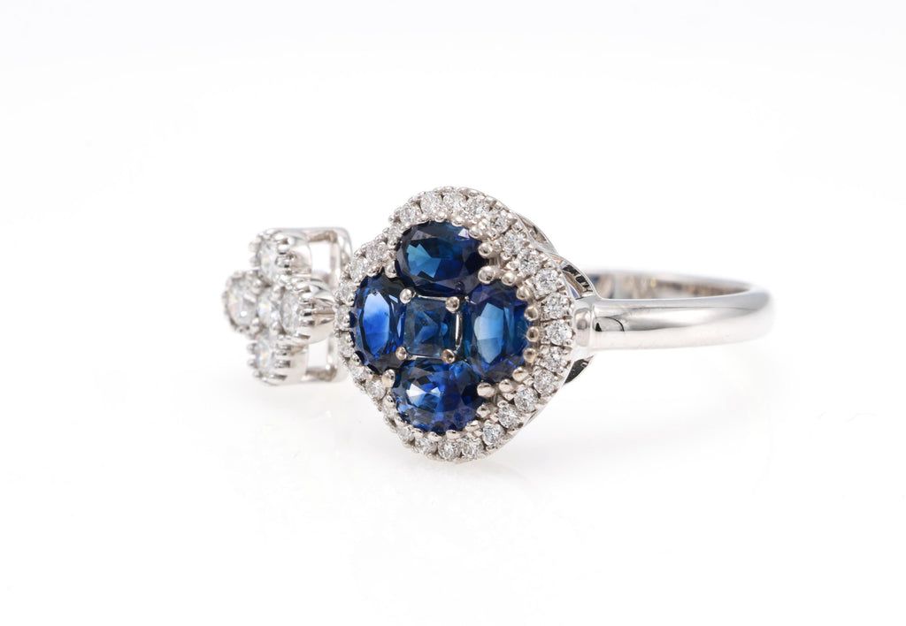Blue Sapphire Clover Toi et Moi Ring with Diamonds, 18K White Gold