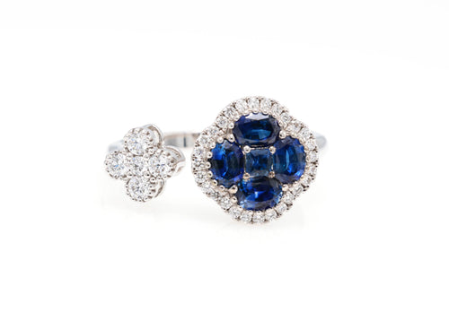 Sapphire or Ruby Clover Toi et Moi Ring with Diamonds, 18K Gold