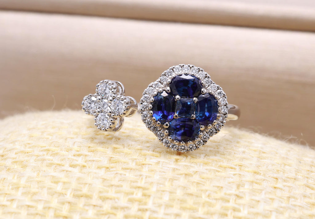Sapphire or Ruby Clover Toi et Moi Ring with Diamonds, 18K Gold