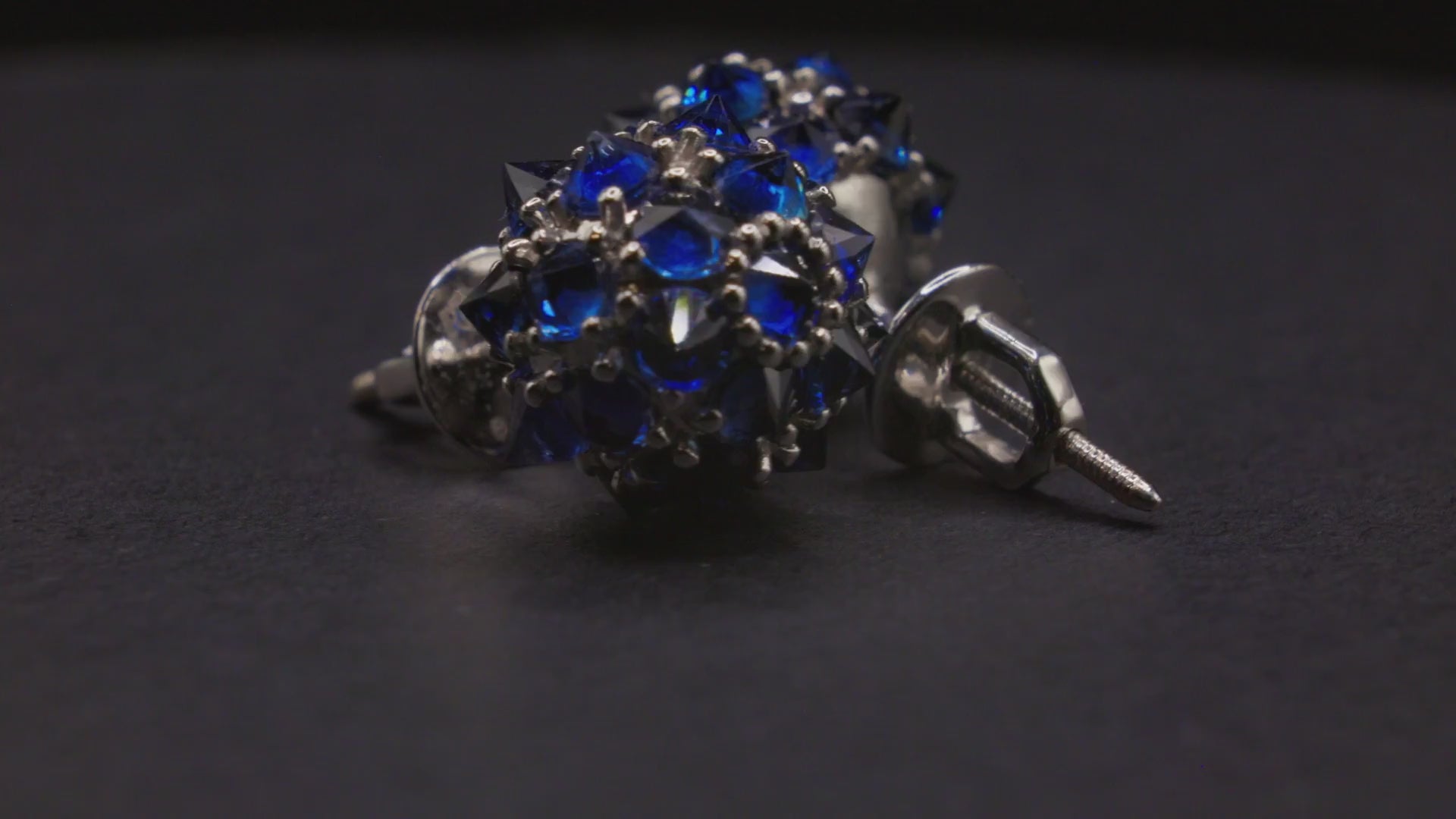 Blue sapphire spike ball stud earrings in 18K gold, view 3
