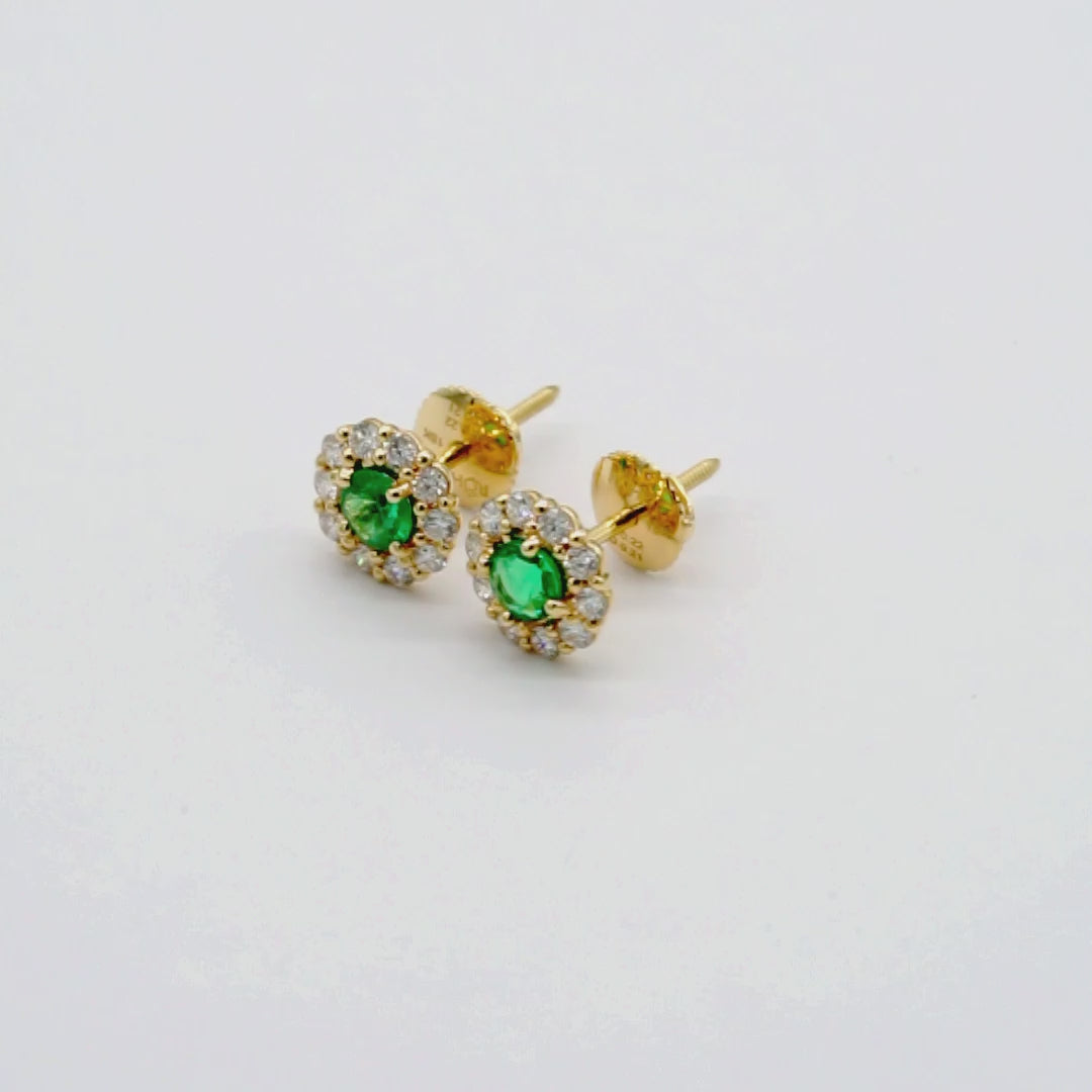 Zambian emerald and diamond halo stud earrings in 18K gold, view 3