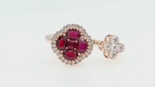 Sapphire or Ruby Clover Toi et Moi Ring with Diamonds, 18K Gold