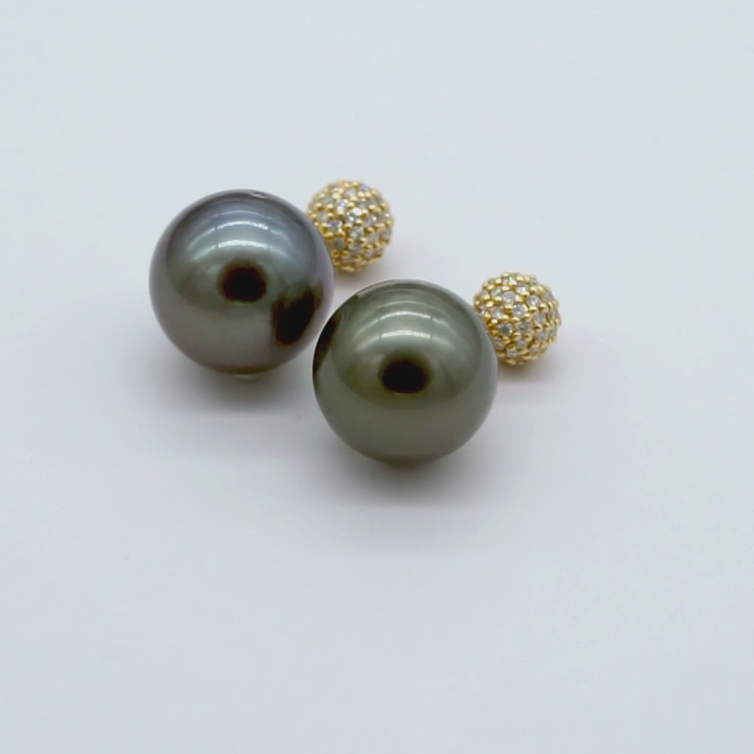 Tahitian pearl and diamond front-back earrings in 18K yellow gold, view 3
