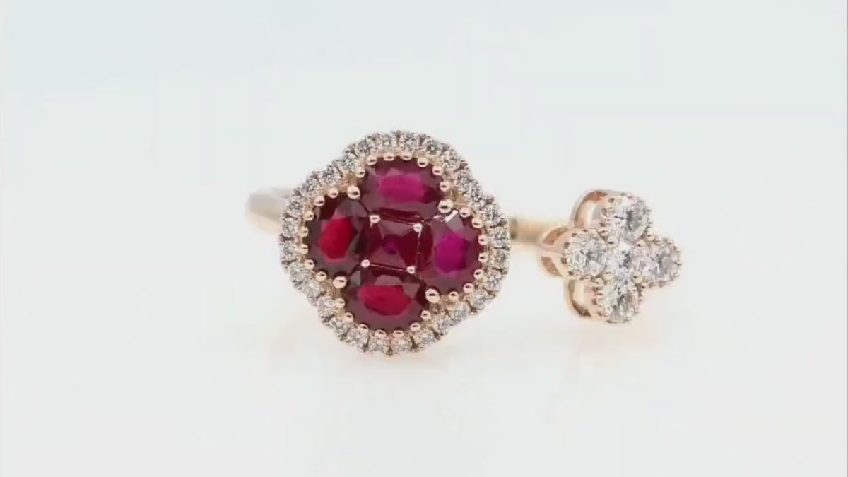 Ruby Clover Toi et Moi Ring with Diamonds, 18K Rose Gold