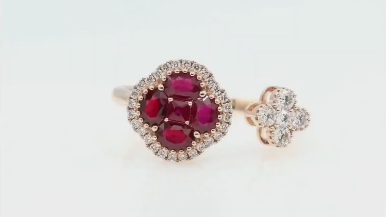 Ruby Clover Toi et Moi Ring with Diamonds, 18K Rose Gold