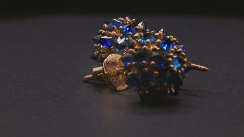 Blue sapphire spike ball stud earrings in 18K gold, view 5
