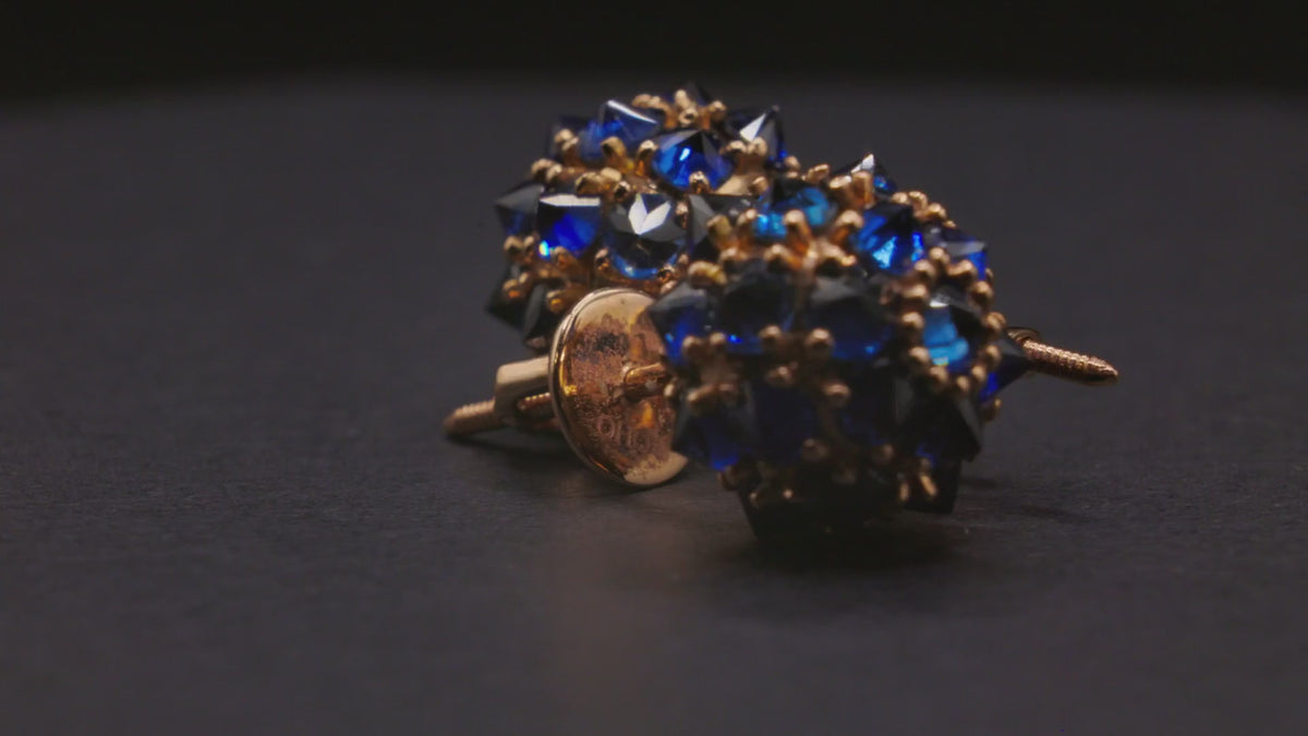 Blue sapphire spike ball stud earrings in 18K gold, view 5