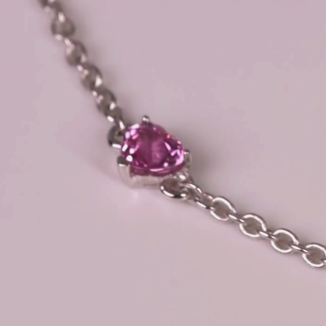Pink sapphire heart bracelet video: 4 mm natural pink sapphire heart, 925 sterling silver chain and spring-ring clasp