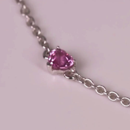 Pink sapphire heart bracelet video: 4 mm natural pink sapphire heart, 925 sterling silver chain and spring-ring clasp