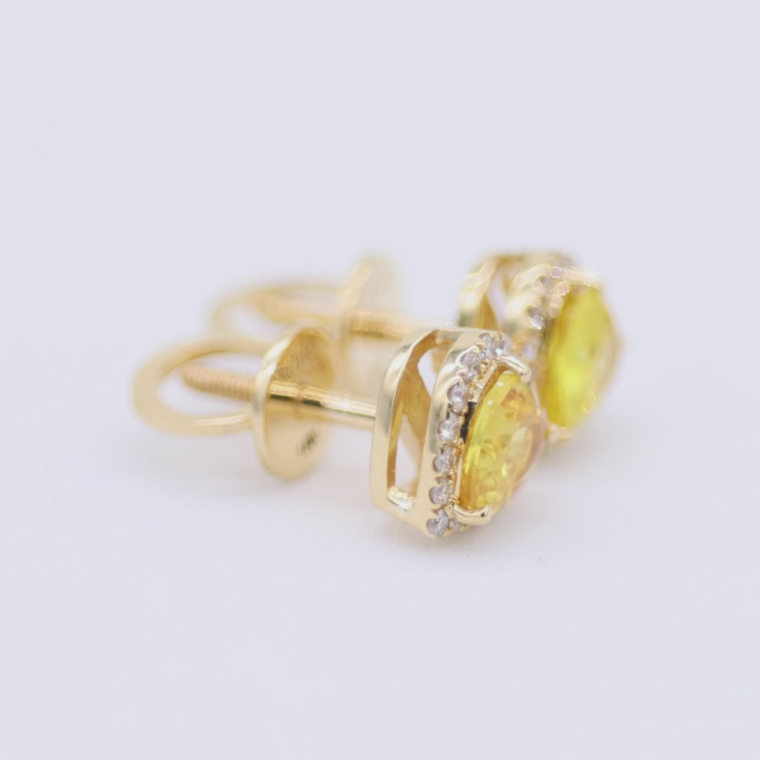 Yellow sapphire and diamond heart halo stud earrings in 18K rose gold, view 2