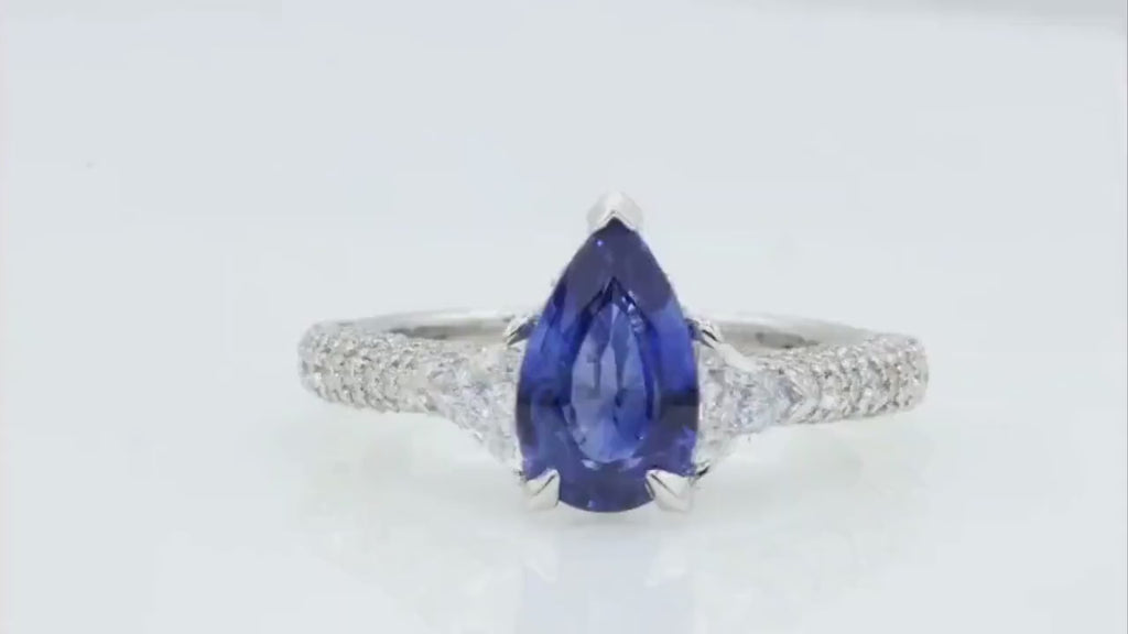 Pear or Oval Blue Sapphire Diamond Ring, 18K White Gold