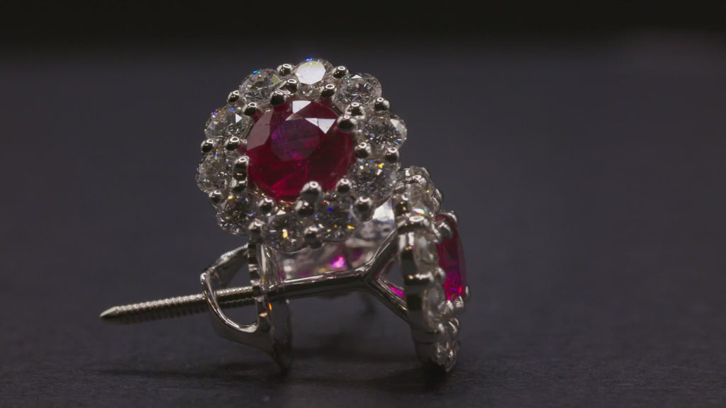 Ruby and diamond halo stud earrings in 18K white gold, view 3