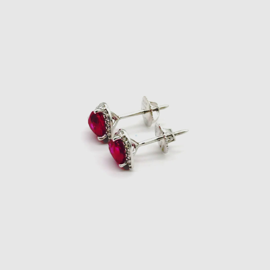 Pink sapphire and diamond heart halo stud earrings in 18K white gold, view 2