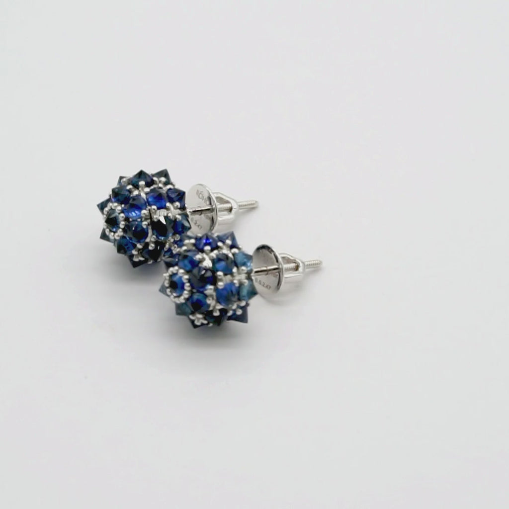 Blue sapphire spike ball stud earrings in 18K gold, view 2