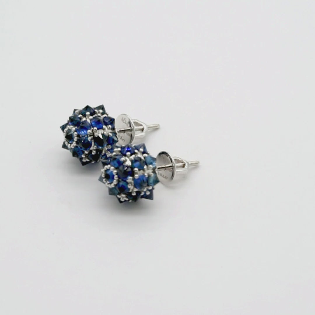 Blue sapphire spike ball stud earrings in 18K gold, view 2