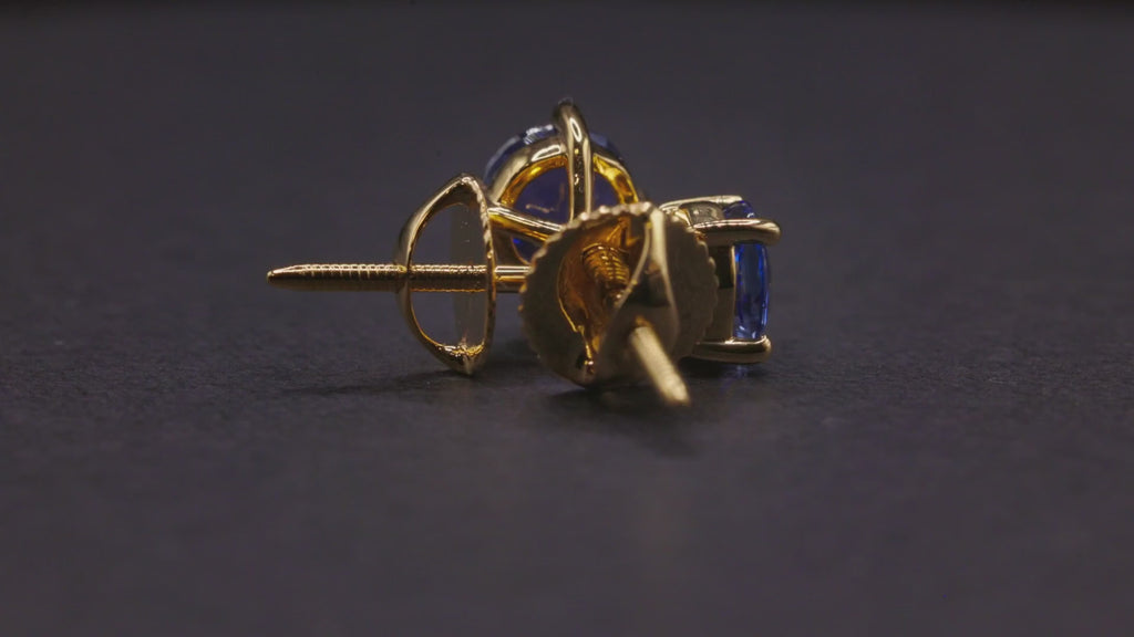 Blue sapphire screw back stud earrings for girls in 18K gold, view 3