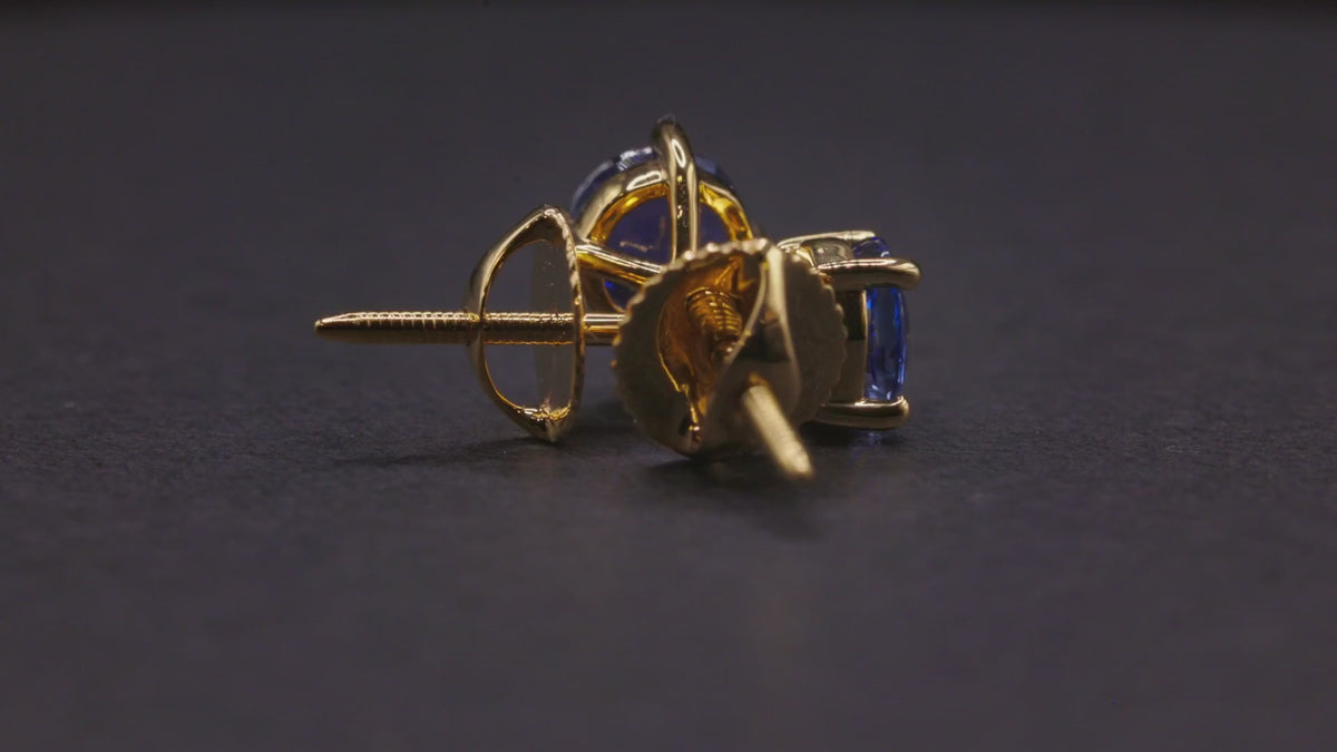 Blue sapphire screw back stud earrings for girls in 18K gold, view 3