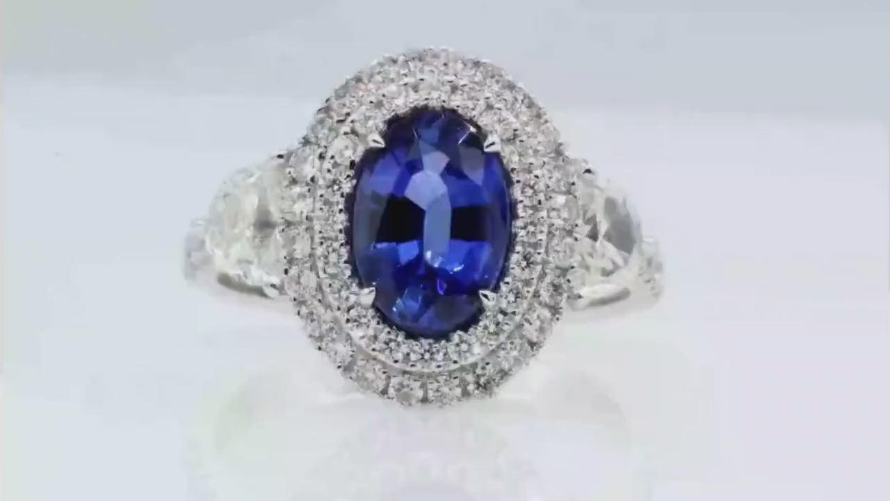 Oval Sapphire Double Halo Ring with Diamonds, 1.76 ct, 18K White Gold