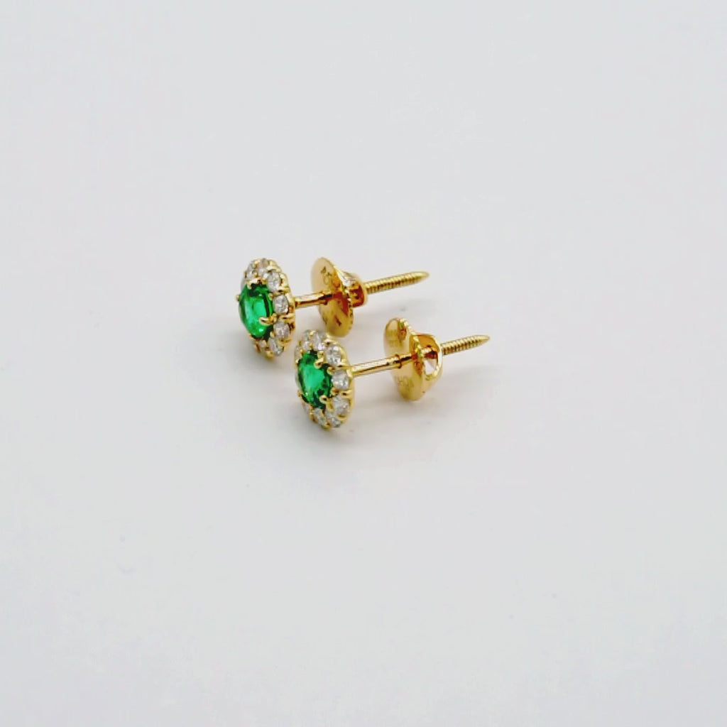 Zambian emerald and diamond halo stud earrings in 18K gold, view 2