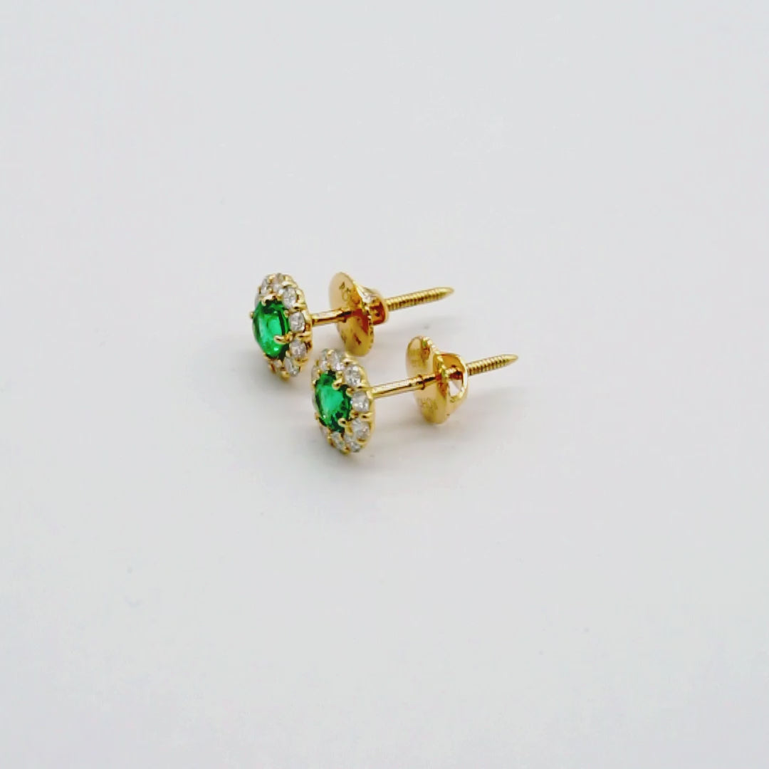 Zambian emerald and diamond halo stud earrings in 18K gold, view 2