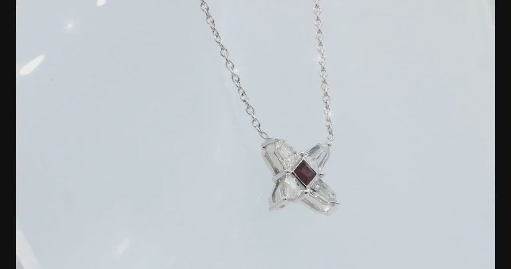 Ruby and Diamond Star Necklace in 14K White Gold – Natural Ruby, Shield Cut Diamonds 0.51 ct
