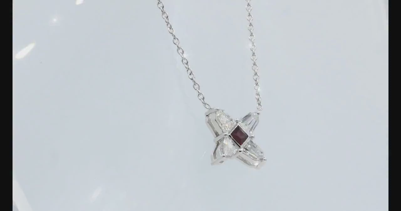 Ruby and Diamond Star Necklace in 14K White Gold – Natural Ruby, Shield Cut Diamonds 0.51 ct