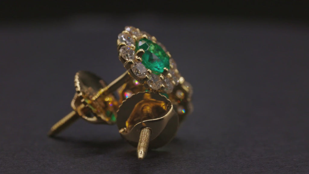 Zambian emerald and diamond halo stud earrings, view 4