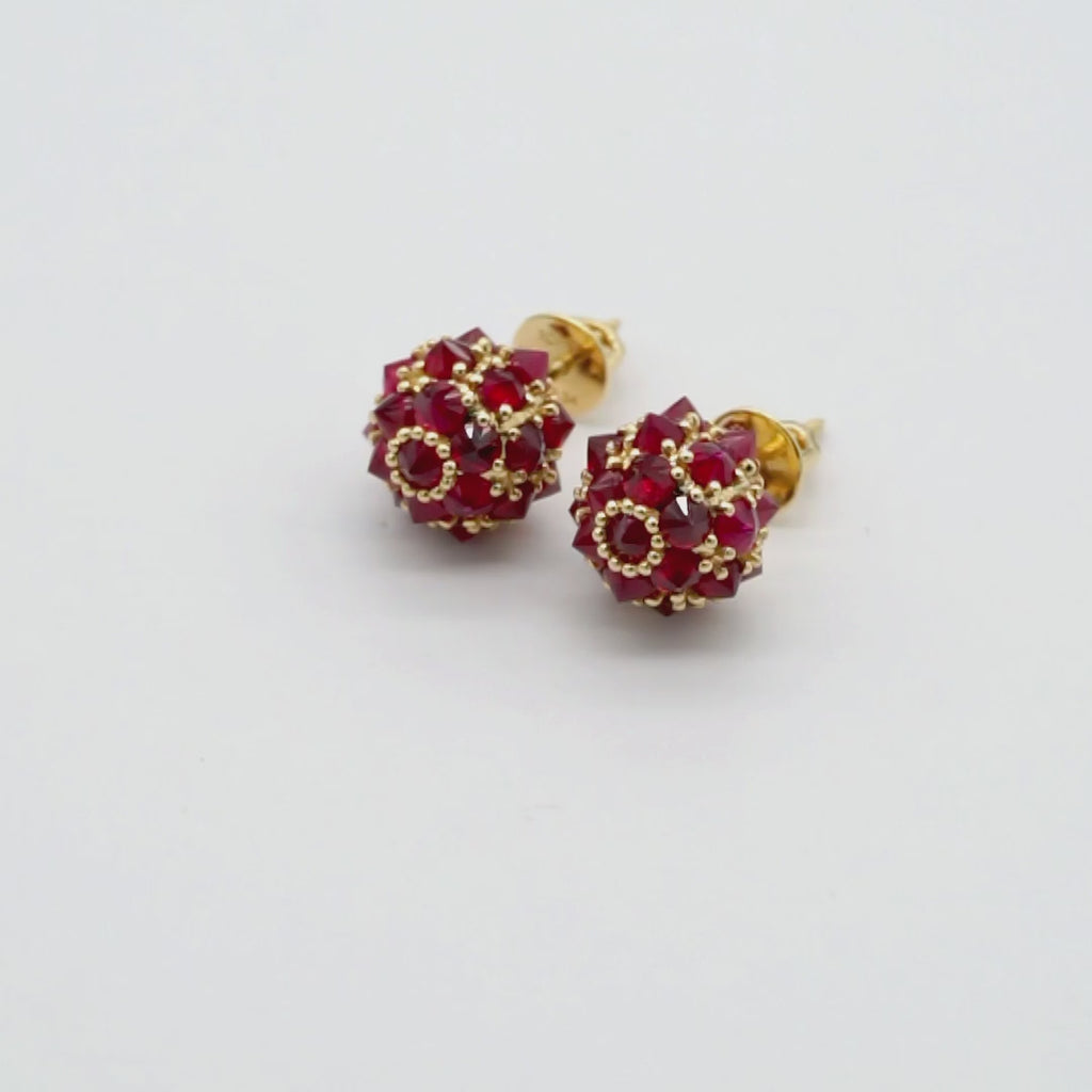 Ruby spike ball stud earrings in 18K gold, view 4