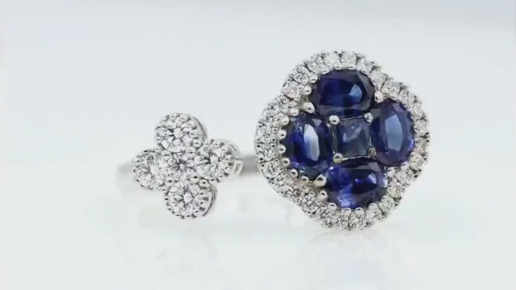 Blue Sapphire Clover Toi et Moi Ring with Diamonds, 18K White Gold