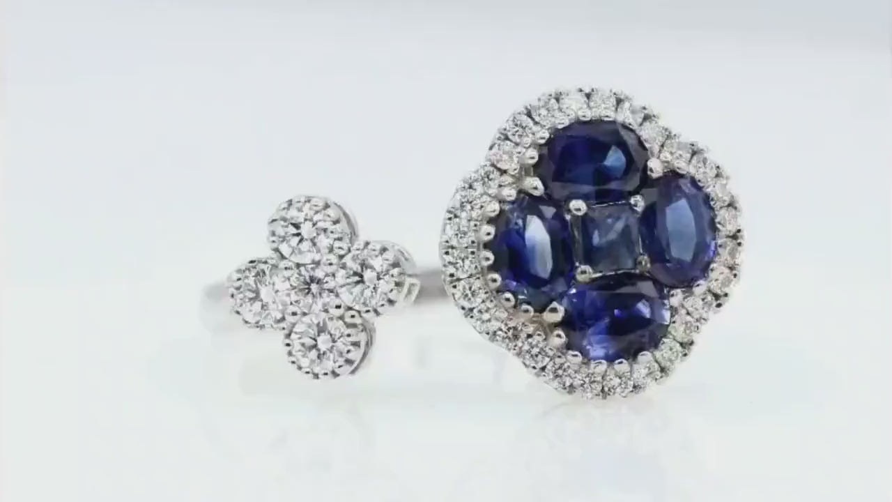 Blue Sapphire Clover Toi et Moi Ring with Diamonds, 18K White Gold