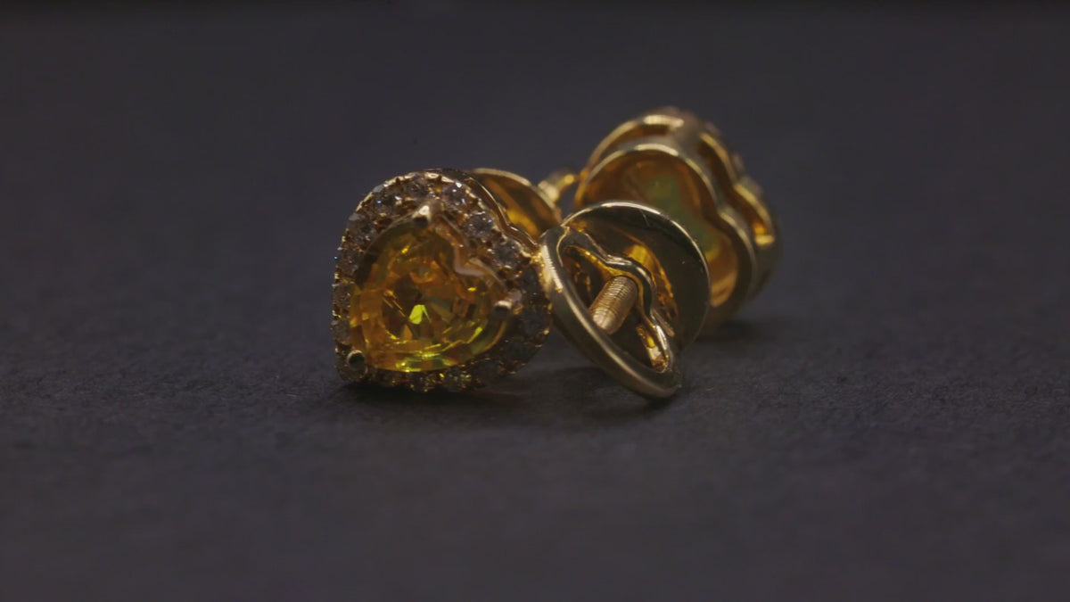Yellow sapphire and diamond heart halo stud earrings in 18K rose gold, view 3