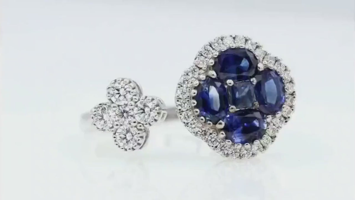 Sapphire or Ruby Clover Toi et Moi Ring with Diamonds, 18K Gold