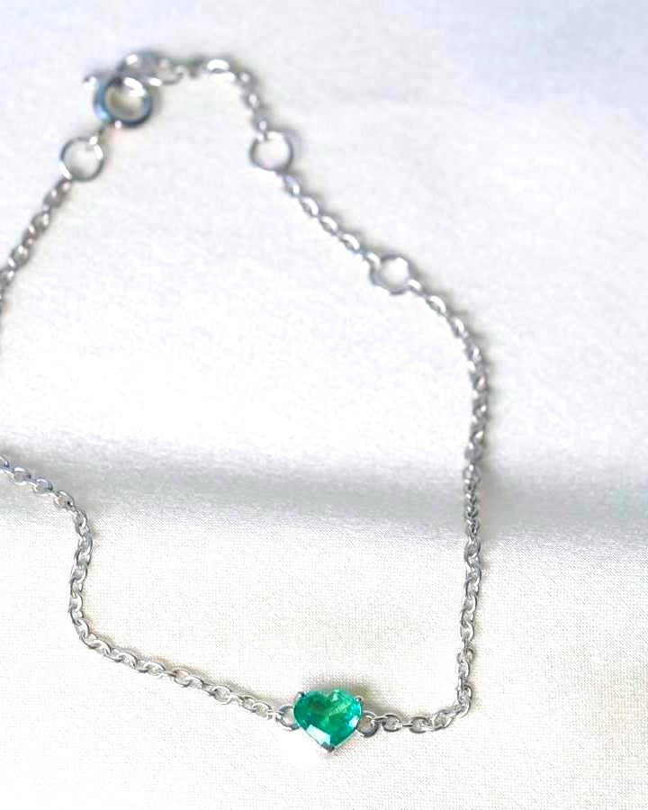White rhodium plated 925 sterling silver emerald heart bracelet, adjustable 6 to 7 inches with spring ring clasp