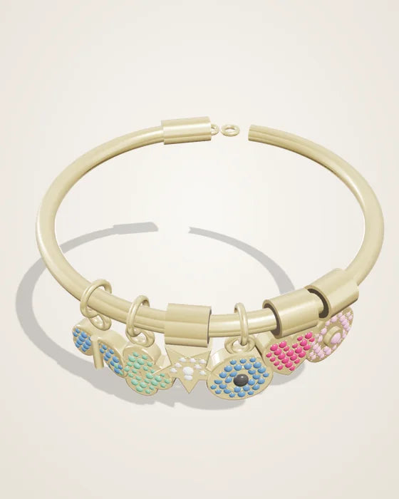 Gold charm bracelet with heart, evil eye, star and birthstone charms